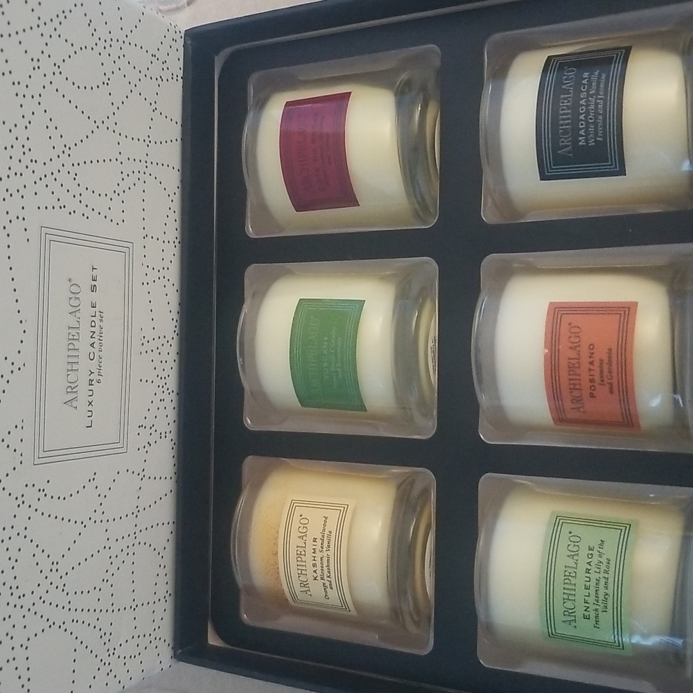 Archipelago Luxury Candle Set with Green, Red, Orange, Black, Gold, Cream Labels